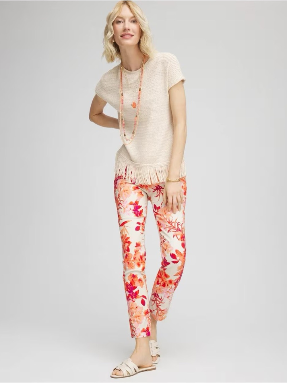 CHICO’S NWT 1.5 Brigitte Slub Ankle Pants Sunset Peach Summer Floral Crops 10